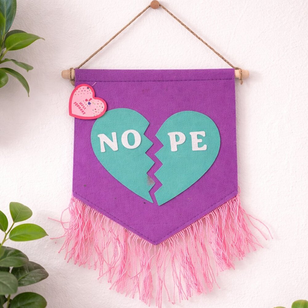 NOPE Wall Pennant Broken Heart Felt Banner Purple Home Décor 9.5 x 8